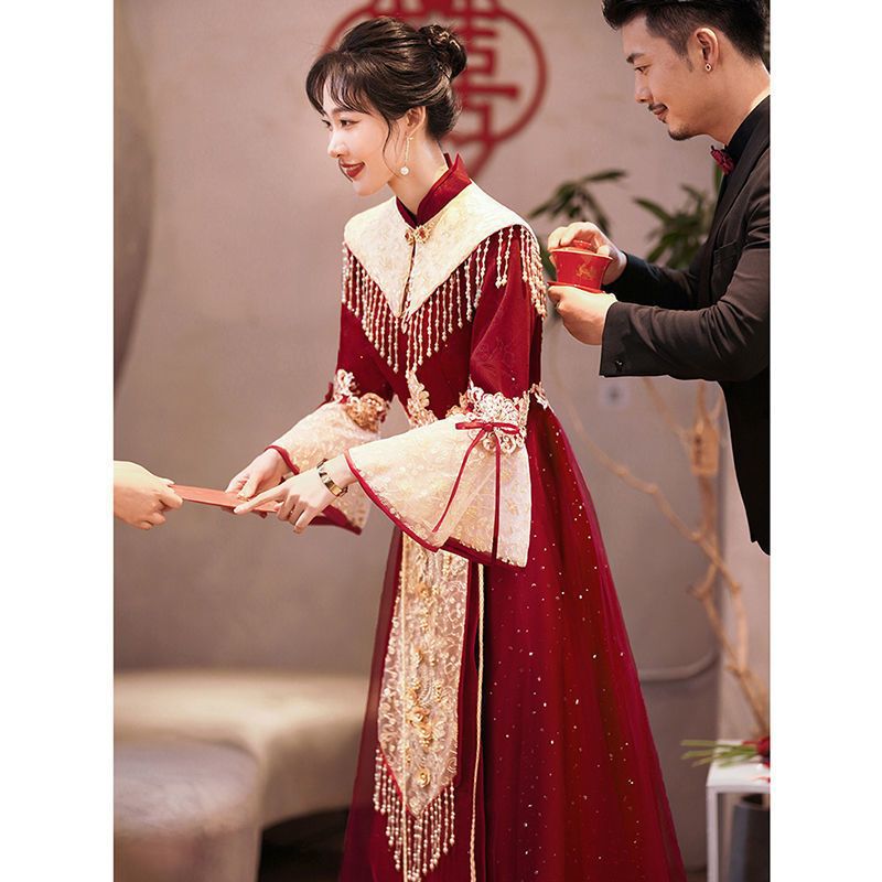 Toast Dress 2025 New Chinese Style Burgundy Xiuhe Suit Wedding Dress Engagement Bride Long Dress