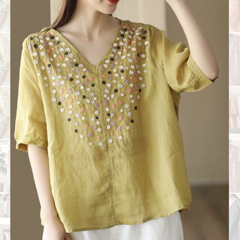 New Vintage Heavy-Duty Three-Dimensional Embroidery Shirt for Women, Elegant Collared Pullover Cotton Blouse New Vintage Heavy-Duty Three-Dimensional Embroidery Shirt for Women, Elegant Collared Pullover Cotton Blouse