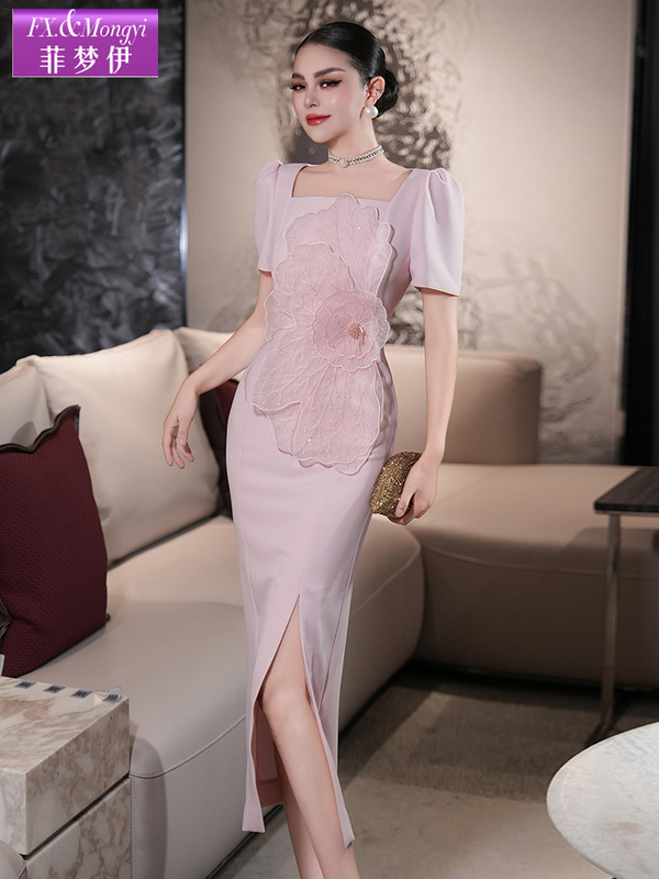 Feimengyi 輸入三酢酸立体フラワードレス女性の夏の気質フェミニンなスリムスクエアカラードレス|undefined