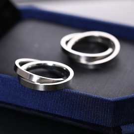 欧美新不锈钢戒指潮流风简约创意双环交叉相扣尾戒男女款钛钢指环