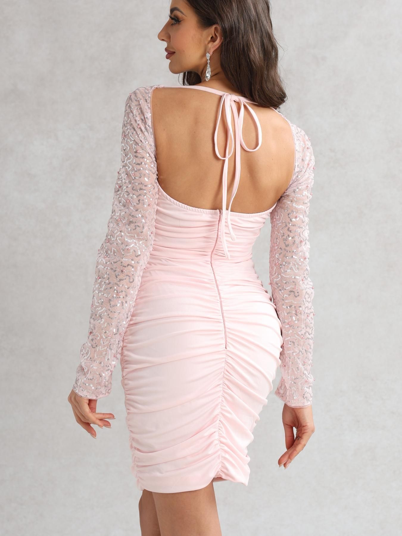 Estilo americano delgado, maduro de alta gama, sexy, bolso de pecho, falda a la cadera, vestido delgado de manga larga con cuentas de moda, mujer