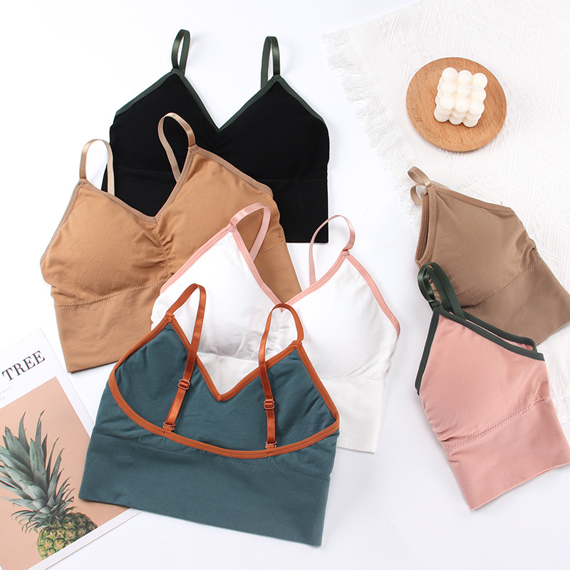 新款复古拼色V领吊带美背裹胸少女无钢圈带胸垫无缝抹胸运动内衣