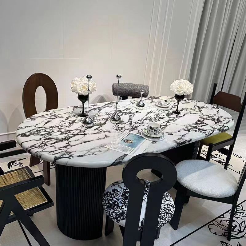 French Popular Marble Dining Table Slate Dining Table Retro Modern Light Luxury Stone Simple Oval Dining Table and Chair Combination