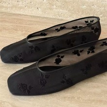 复古方头玫瑰刺绣浅口网纱平底鞋2025年秋新款软皮百搭镂空单鞋女