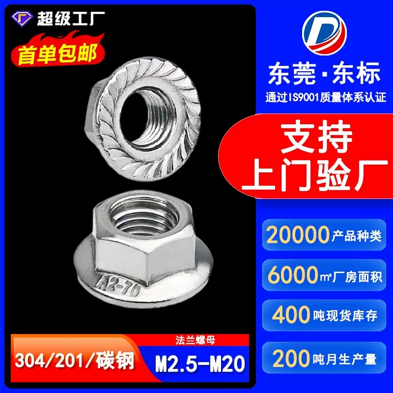 304不锈钢外六角法兰面螺母M4花齿防滑螺丝帽带垫防松法兰螺母M3