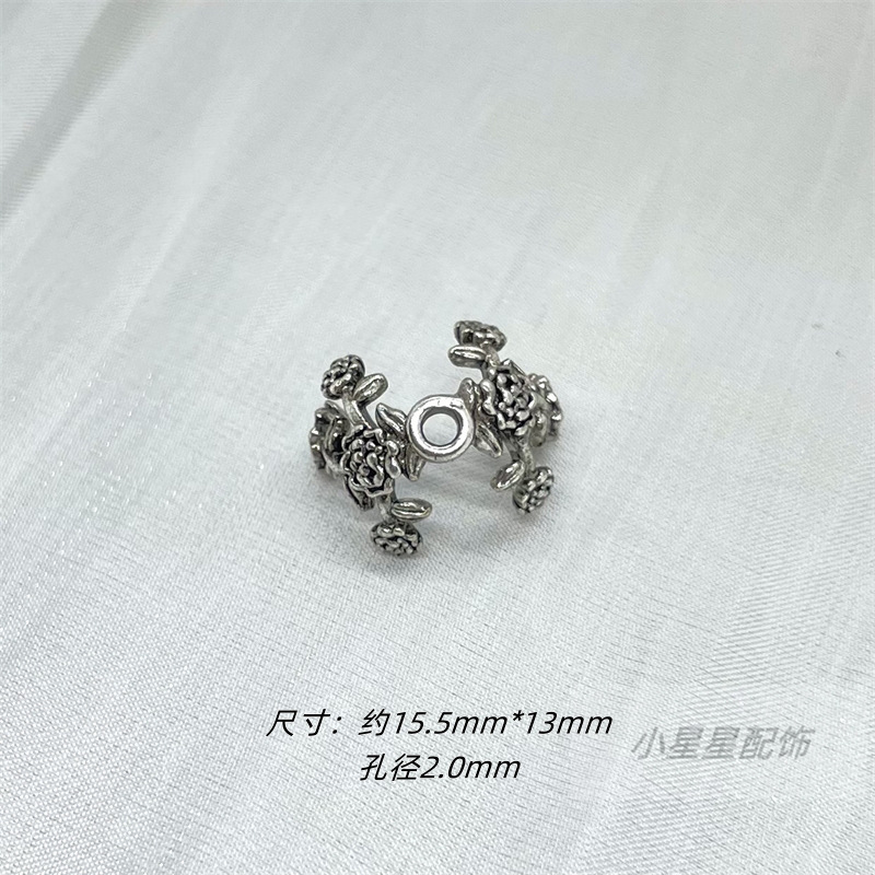 水晶配饰复古合金仿银做旧工艺古典开口戒指树叶流苏提溜配件|undefined