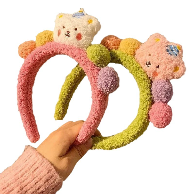 Симпатичная повязка для волос с медведем, осенне-зимняя плюшевая повязка для мытья лица, супер милый цвет, мультяшный головной убор, универсальная карта для волос для девочек