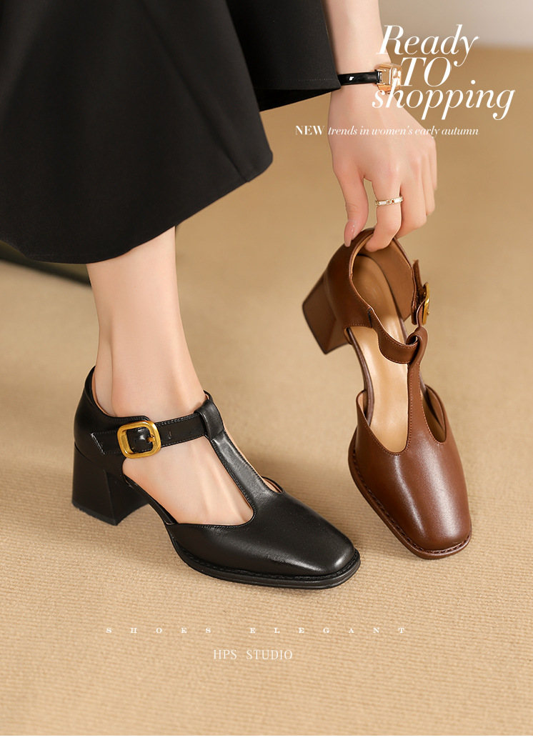 Sandal nữ quai chữ T đầu vuông hở mũi đế bệt — Màu nâu chi tiết 1