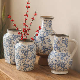 新中式青花瓷陶瓷花瓶客厅复古冰裂纹摆件高级感仿古插花花瓶知日