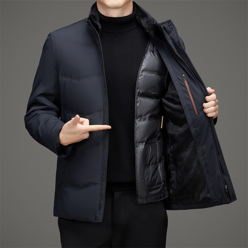 Winter Men's Goose down Jacket Thickeneded and Warm Middle-Aged Mink Hair Removable Liner Business Stand Collar Goose down Men's Clothing