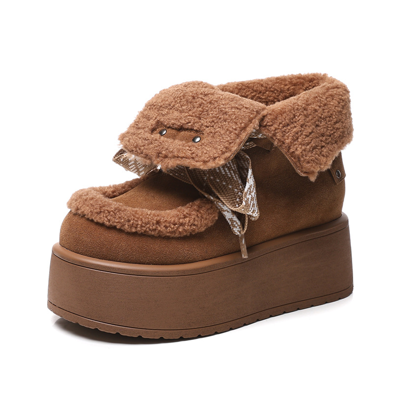 Giày boot nữ cổ cao lót nhung chống trượt đế dày tăng chiều cao — Màu cà phê