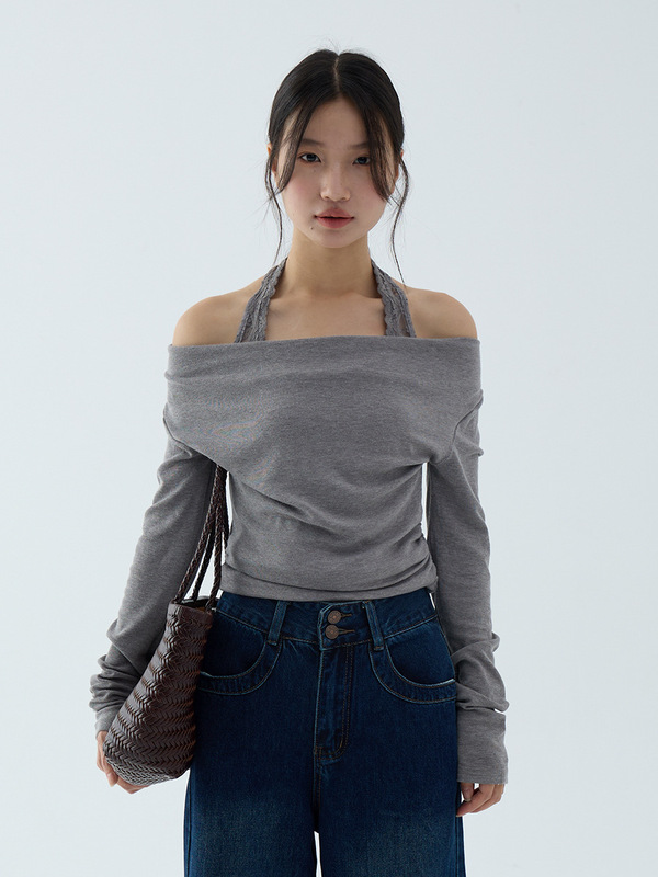 【欧凡】纯欲风荡领蕾丝挂脖假两件长袖T恤女25秋季别致上衣3140|undefined