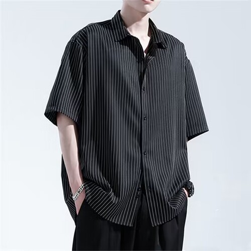 Summer ice silk striped five-quarter sleeve shirt, men's casual thin loose black high-quality handsome short-sleeved shirt