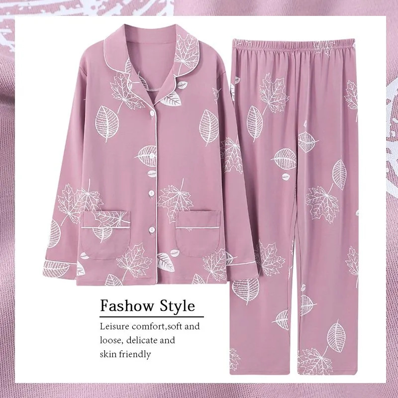 Pijama de algodón femenino primavera y otoño mangas largas dulces y sueltas grande otoño y invierno conjunto de ropa para el hogar