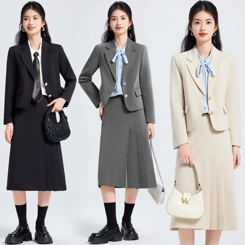 短款两粒扣小个子灰色西装套装女春秋新款通勤面试正装西服套裙ol