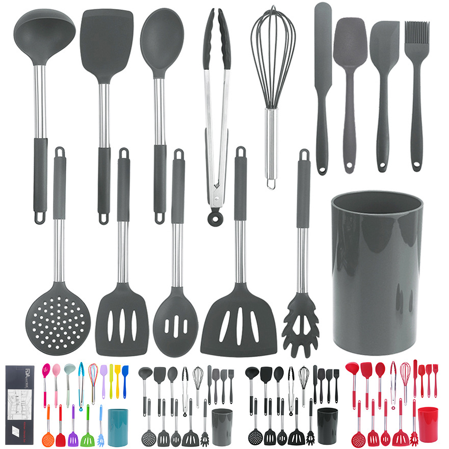 Amazon Home Silicone Kitchenware 15-piece Set Storage Bucket Silicone Kitchenware 15-piece Set with Stainless Steel Handle