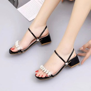 Sandals for Women Summer 2025 New Style Thick Heel Flats Bottom Versatile Gentle Fairy Style Casual Pearl Open Toe Two-Wear Sandals