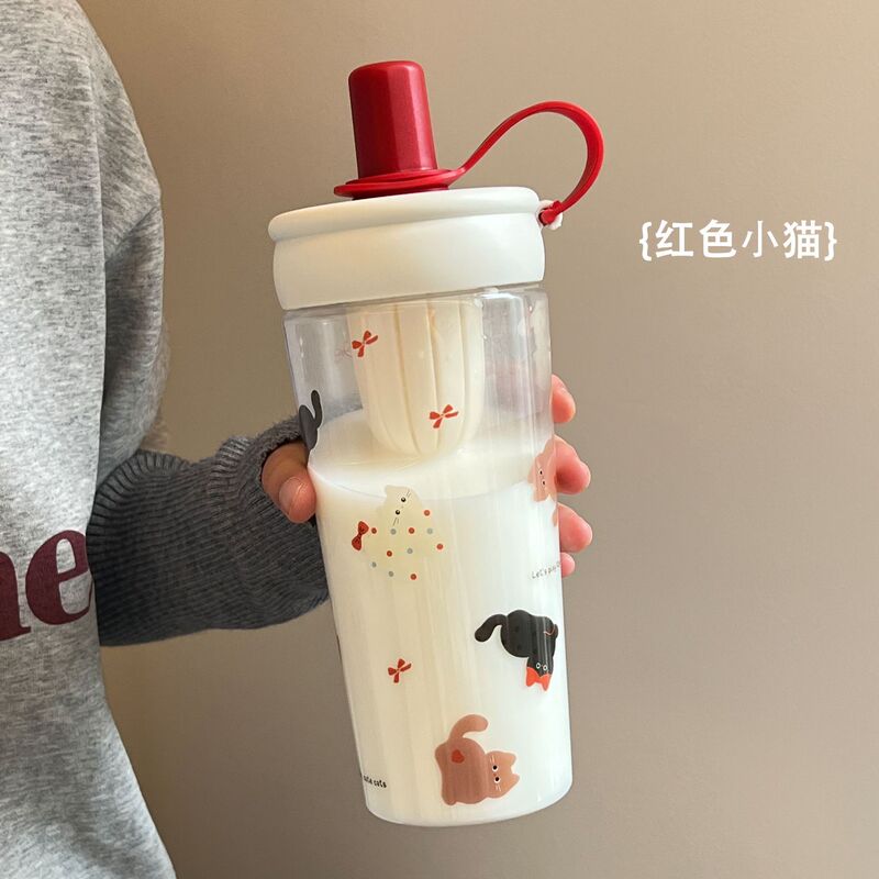 ハンドル付きティーバンクウォーターカップ、見栄えの良い漫画学生ダブルコンパートメントプラスチックウォーターカップ、大容量ドーパミンポータブルストローカップ|undefined