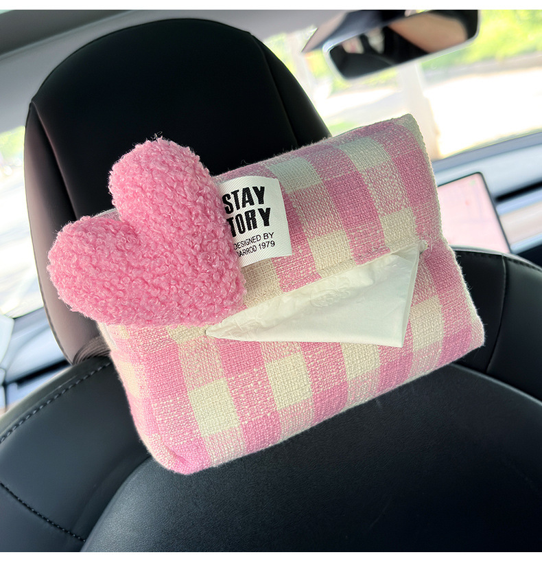 Plaid Heart-Shaped Car Seat Back Tissue Box, In-Car Armrest Box Tissue Holder, Car Sun Visor Tissue Bag