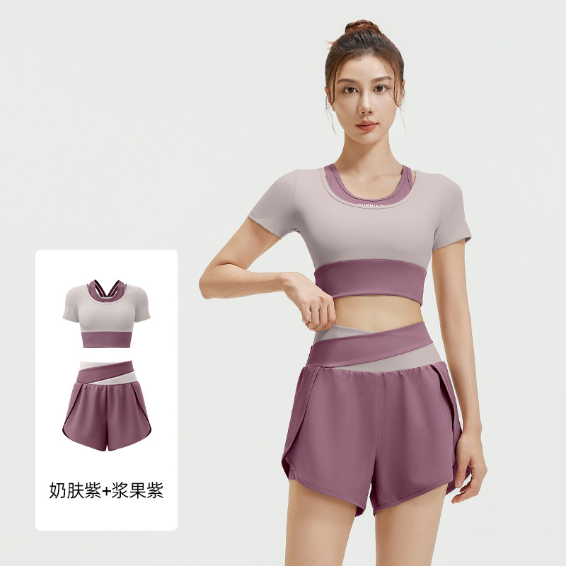 Juyi Tang nuevo color corto de verano deportivo fitness yoga falso dos piezas traje de yoga set de mangas cortas
