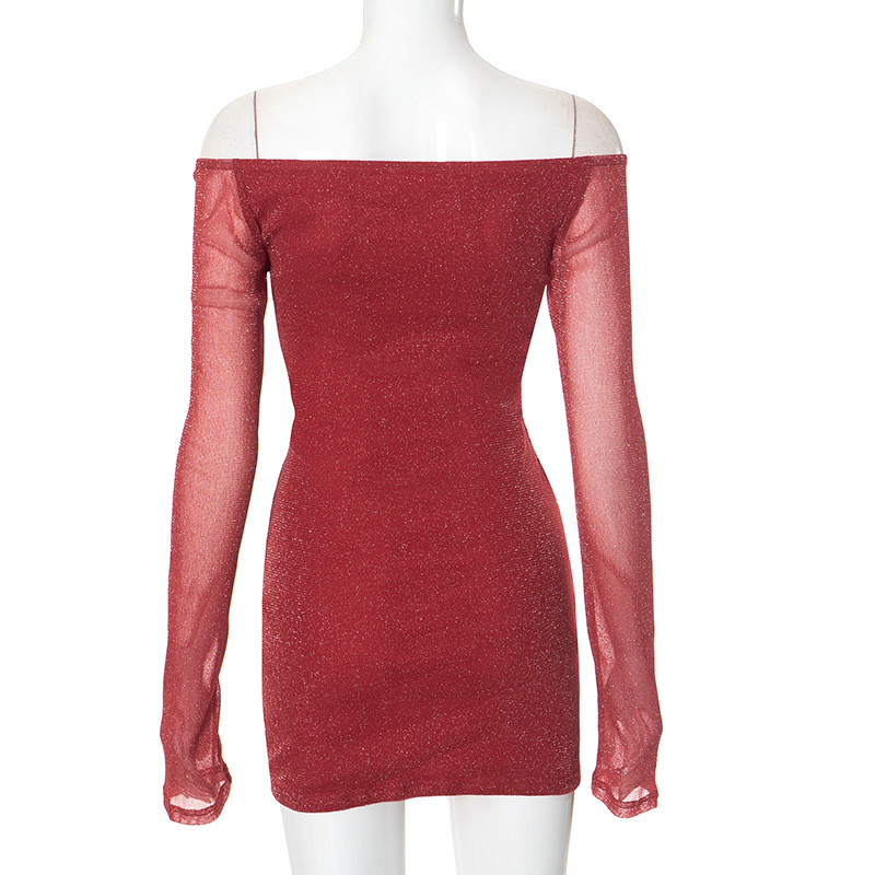 Women Clothing off Shoulder Mesh Long Sleeve Stitching Hollow Out Cutout Sexy Hip Dress