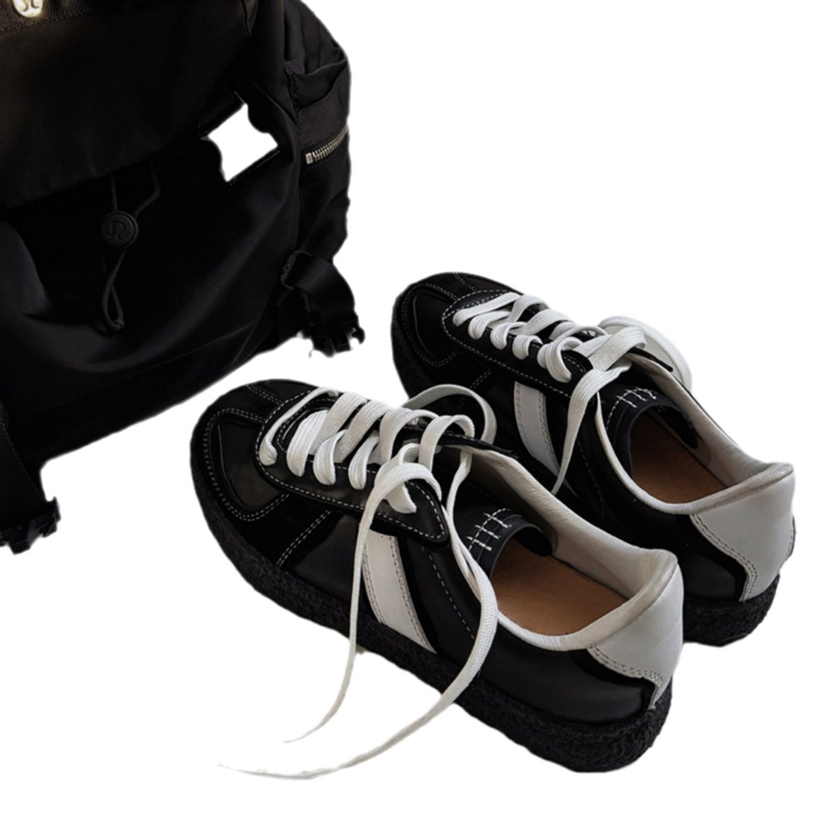 niche zwarte Duitse training voor dames, dikke zool ronde neus veter leren sport- en vrijetijdsschoenen,_voghion.com