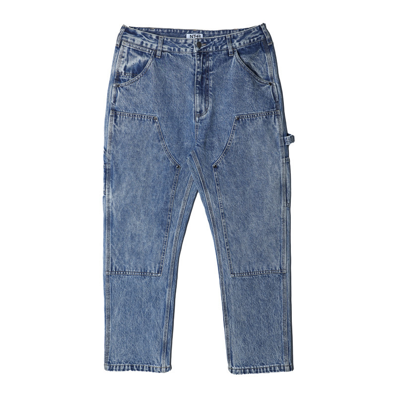 Japanese Style Retro Loose Straight Denim Logging Pants Men's Fried Snowflake Heavy Industry Washed Used Knee Workwear Casual Pants