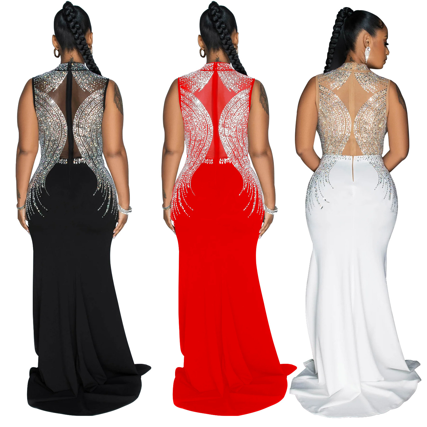 C6860 transfronterizo AliExpress Amazon de moda europea y americana de las mujeres de color sólido de malla de diamantes de imitación vestido partido vestido