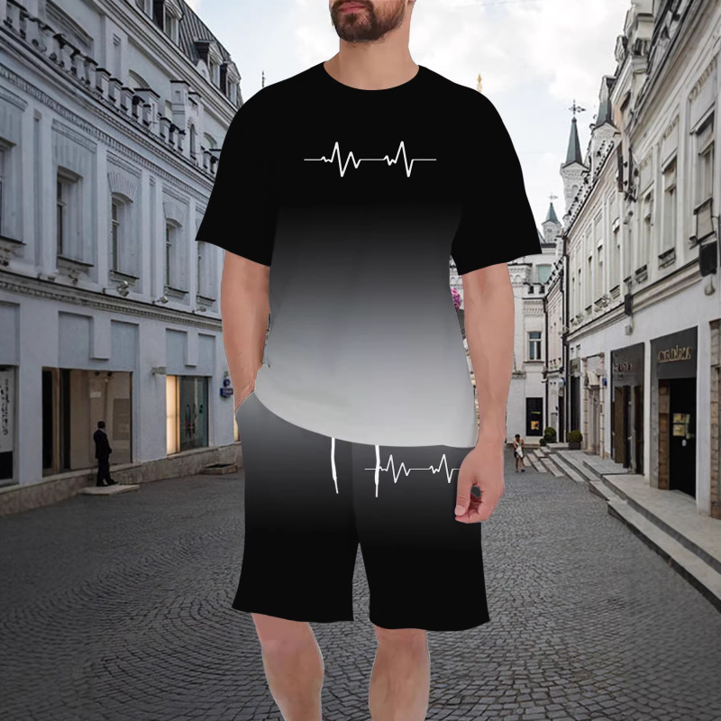 Summer Style Pure Black with Downward Gradient in Medium Gray and Light Gray Digital Print Sportswear Round Neck T-Shirt and Shorts Two-Piece Set