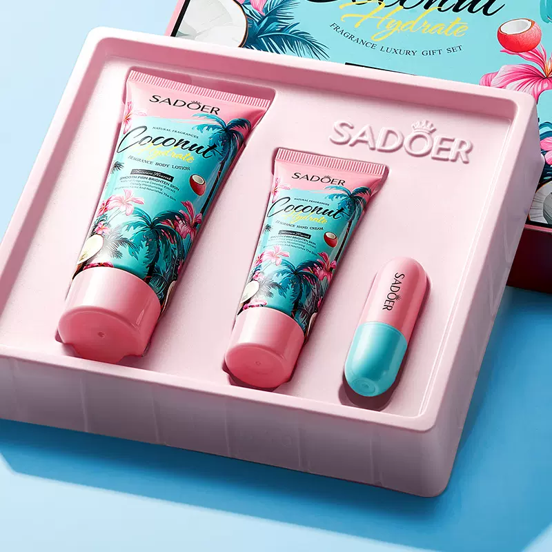 全英文椰子奢护礼盒SADOER香氛身体乳护手霜唇膏跨境外贸工厂直销