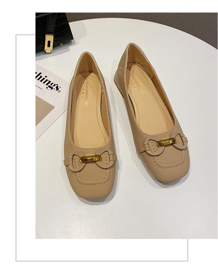 Zapatos de tacón alto de una pieza de cuero genuino para mujer, boca poco profunda, punta cuadrada, tacón grueso, zapatos individuales retro franceses, charol, metal, otoño_voghion.com