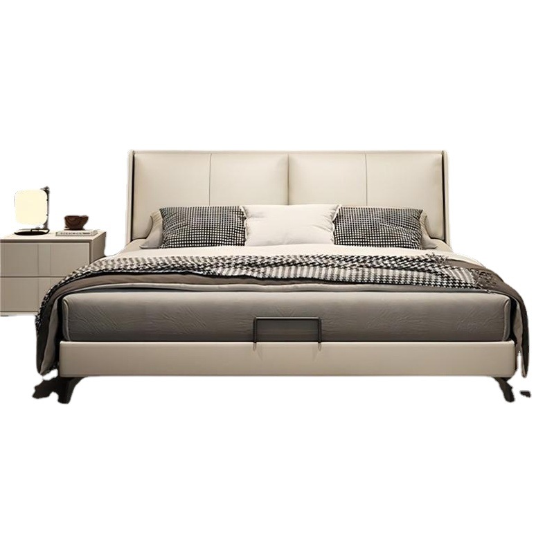 Italiano cama de cuero genuino minimalista moderno dormitorio principal minimalista Internet celebridad diseñador cama doble luz cama de cuero de lujo bolsa suave cama de boda image 1