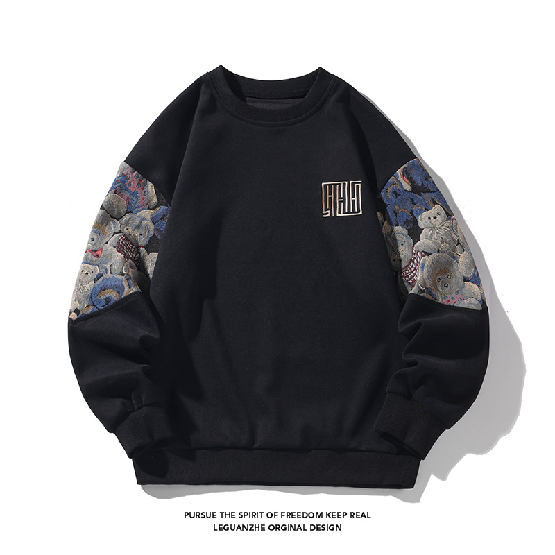 2024 teddy bear spring and autumn splicing, contrasting color embroidery, couple round neck hoodie, men's top_voghion.com