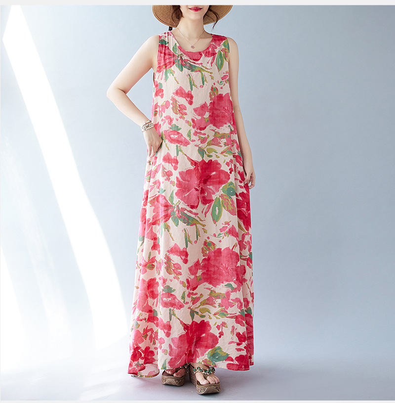 Real Shot Of The 2024 Summer New Bohemian Artistic Loose Sleeveless Round-neck Printed Mid-length Dress For Women_ecoleips.com