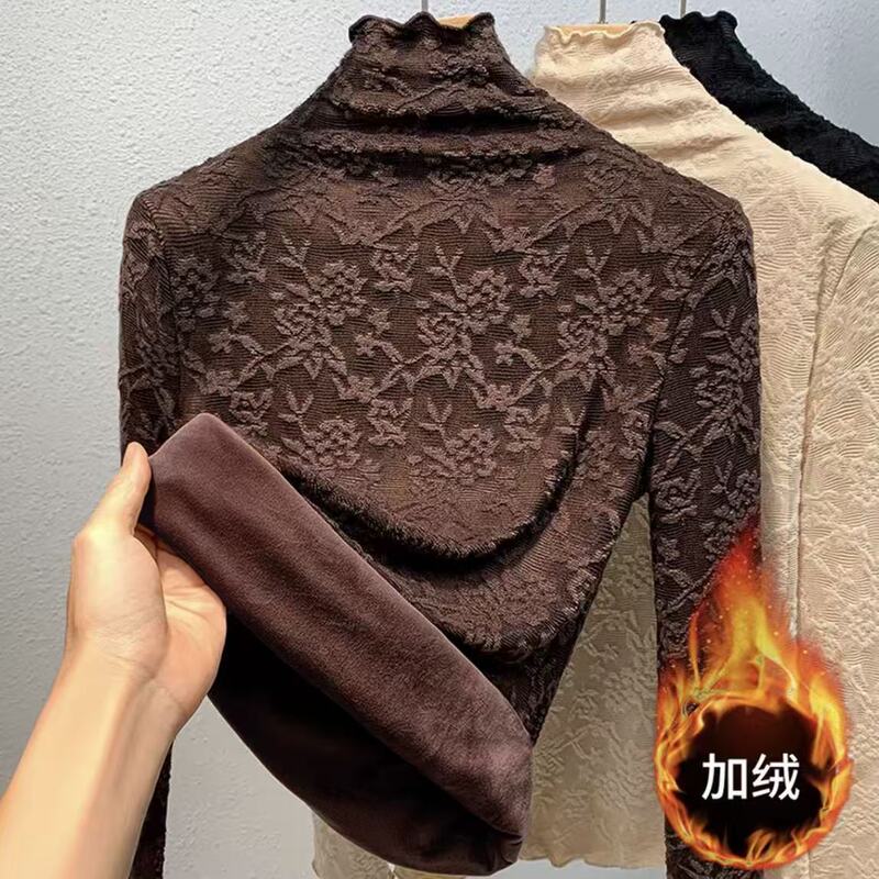 High-Quality 350g Fleece-Lined Thick Lace Jacquard Base Shirt for Women, Autumn and Winter Warm Inner Wear, Turtleneck Top for Women