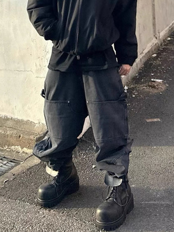 MIJKO男装女水洗双环大口袋廓形休闲裤男女同款纽带多口袋长裤黑|undefined
