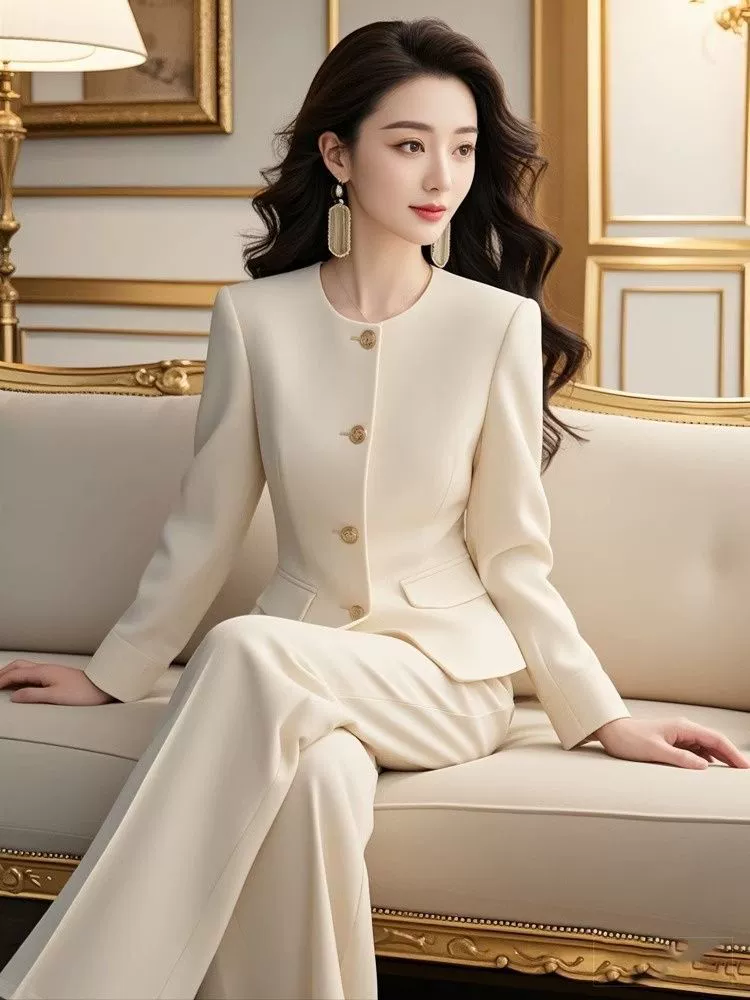 Женский осенний белый костюм-брючный (в стиле Chanel), западный крой пиджака и брюк, элегантный яркий стиль