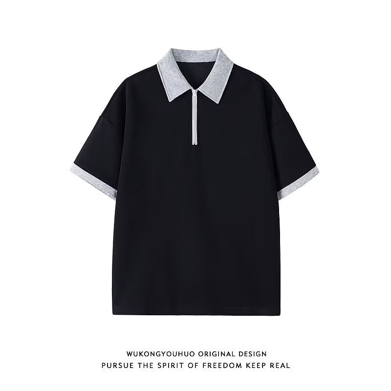 Chemise homme style américain à demi-zip, manches courtes, coupe ample et confortable, col montant._voghion.com