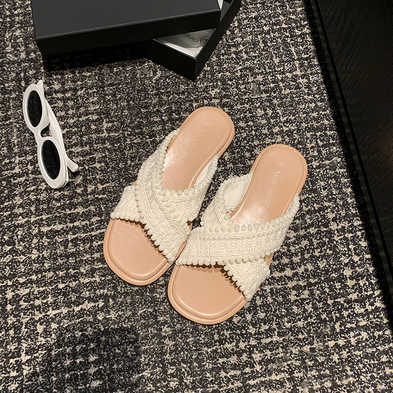 Dos versiones de sandalias planas de Grape Mom ~ Sandalias y pantuflas de punta abierta tejidas cruzadas estilo vacaciones verano femenino