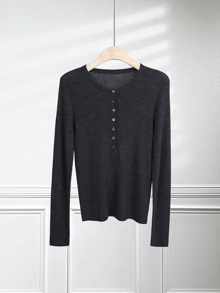 亨利领 时髦感扬子纱半开襟圆领长袖毛衣单排扣打底衫秋冬新款 5