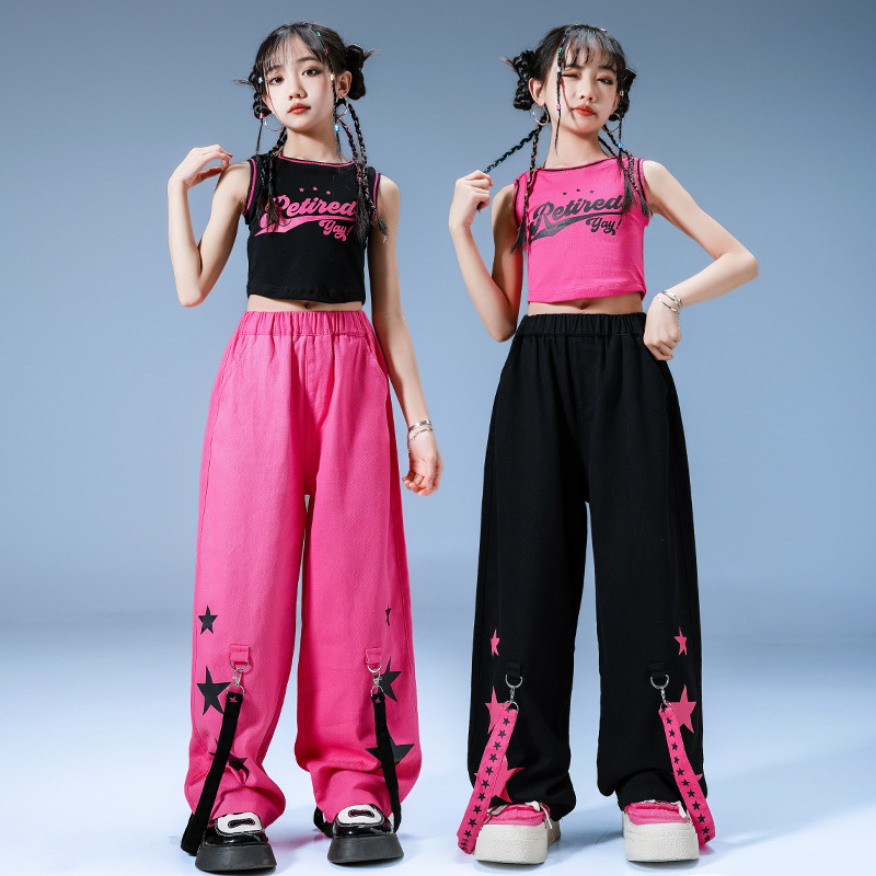 兒童爵士舞服裝夏天露臍上衣黑色套裝jazz練功服女孩街舞演出服女