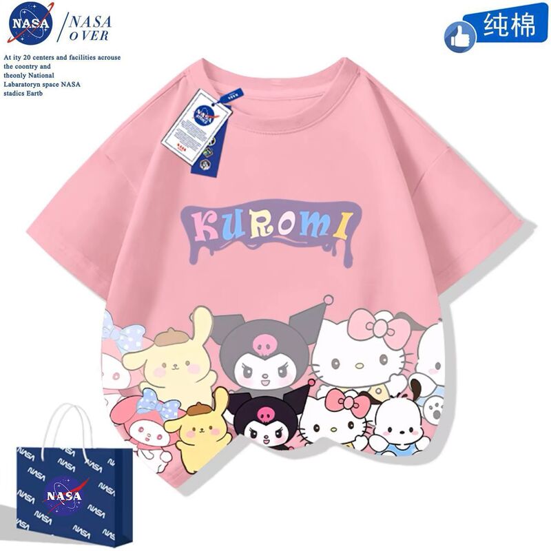 Nasa Cartoon Kuromi Children's Pure Cotton Short-Sleeved Summer Cute Strawberry Bear T-Shirt Medium and Large Children's Clothing Top