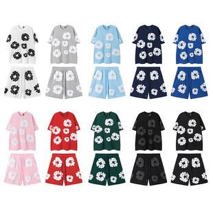 Cross-Border New Short-Sleeved Shorts Suit Export Denm Teas Kapok Round Neck T-Shirt Five-Quarter Pants Two-Piece Set