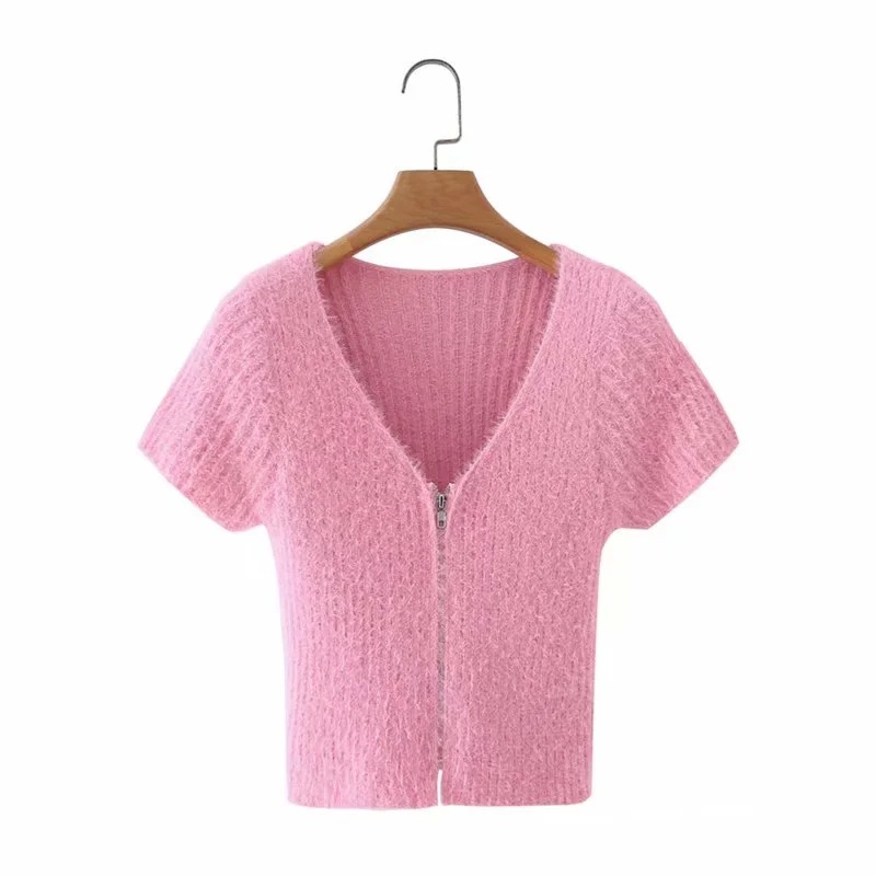 short V-neck knitted short-sleeved zipper sweater NSAC41388