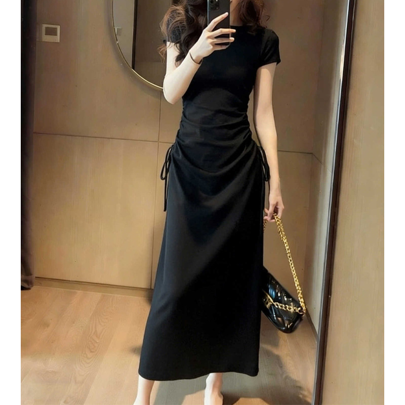 Đầm maxi trẻ em tay ngắn phong cách Pháp Vintage, thiết kế thắt lưng xếp li hông — màu đen, màu xám