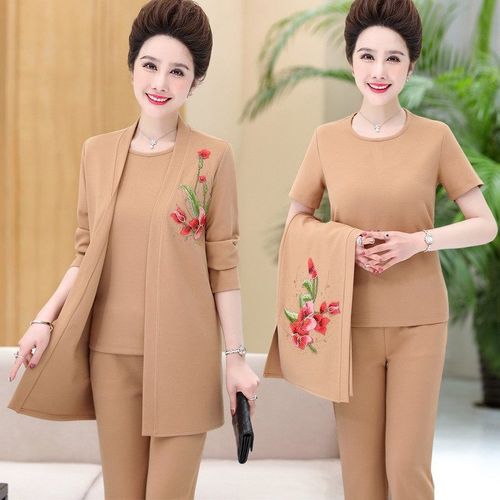 Three-piece mother's suit new style spring and autumn style loose middle-aged women's summer coat for middle-aged and elderly women 60