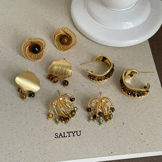 美拉德复古风虎眼石烟花云朵金色耳钉女精致个性时尚百搭耳环耳饰