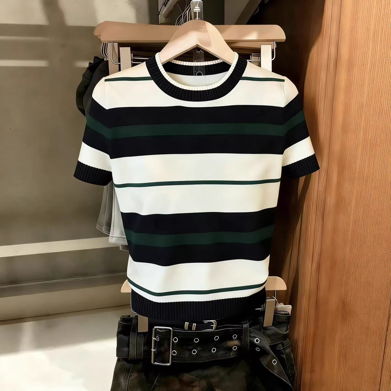 Real Shot of Miu Series Early Spring Striped Short-Sleeve T-Shirt for Women 2026 New Color-Blocking Summer Knit Base Shirt Chic