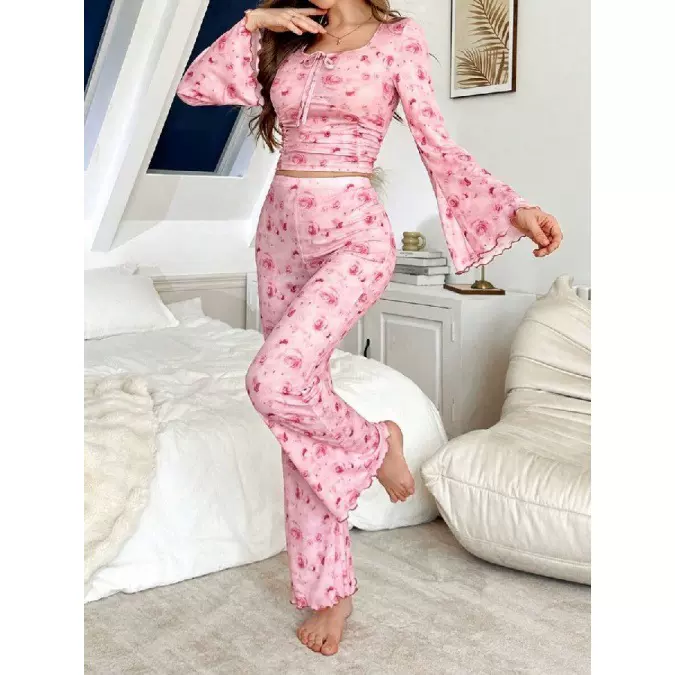 2025亚马逊新款欧美花朵印花高腰修身家居服两件套可外穿