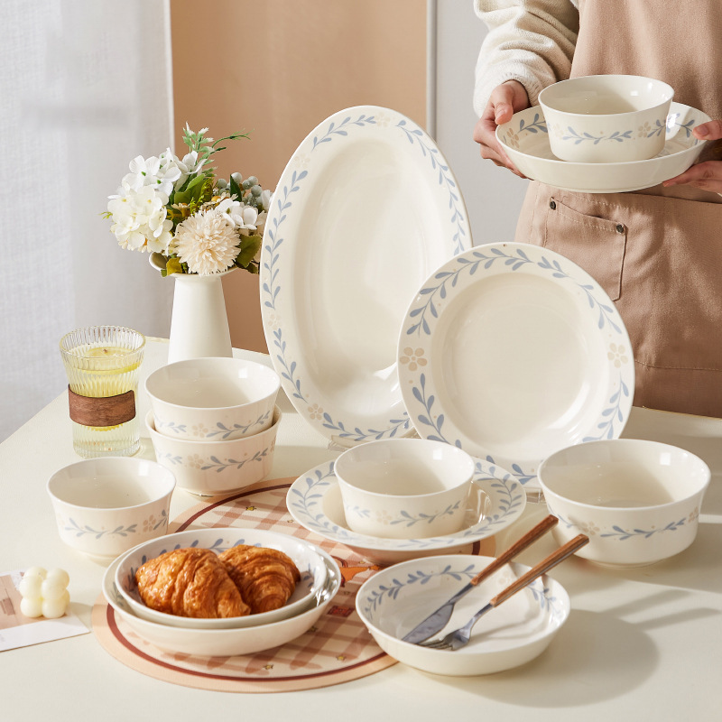 French-Style High-Quality Underglaze Ceramic Tableware Set for Home Use: Bowls, Plates, Soup Bowls, Noodle Bowls, Yogurt Bowls, Dinner Plates